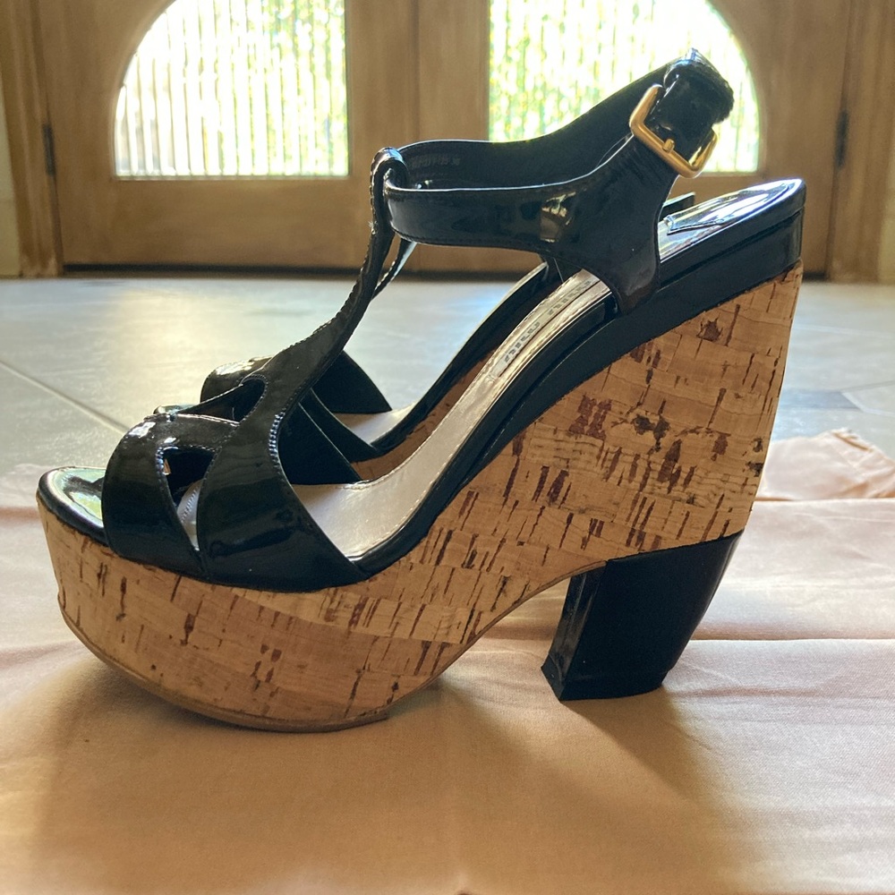 Miu Miu Black Patent Leather Wedge Sandals